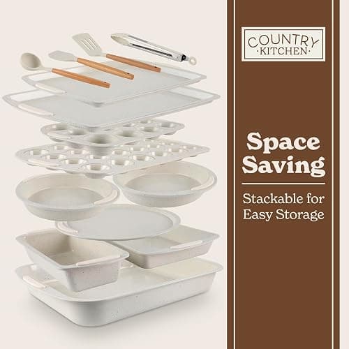 Country Kitchen Nonstick Stackable Bakeware Set - Durable, Easy Release Baking Set, Cream, 14 Pcs thumbnail 7