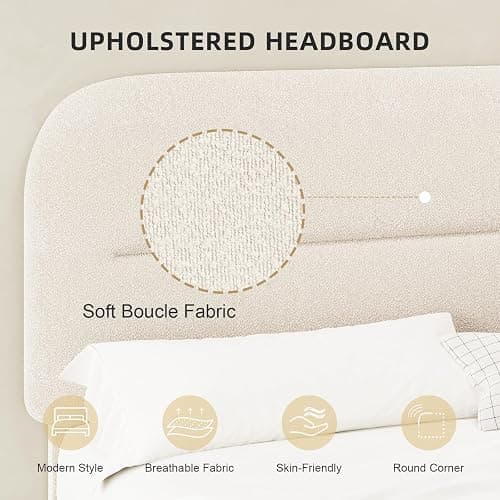 HOMBCK Queen Bed Frame with Headboard, Boucle Upholstered Soft Platform Bed Frame with Thickened Footboard, Rounded Corners Design, No Box Spring Required, Easy Assembly, Cream thumbnail 4