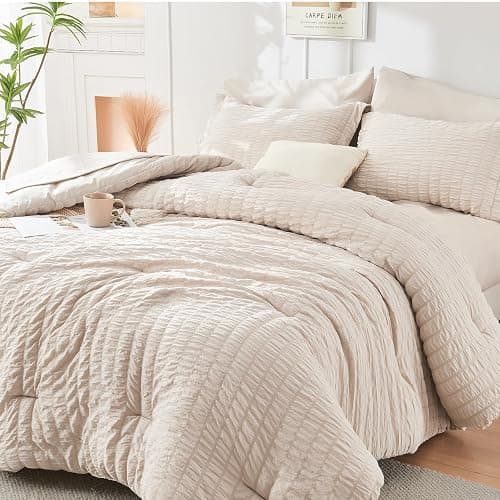 HYMOKEGE Beige Queen Comforter Set Seersucker 7 Pieces, All Season Luxury Bed in a Bag for Bedroom, Bedding Set with Comforters, Sheets, Pillowcases & Shams - Image 1