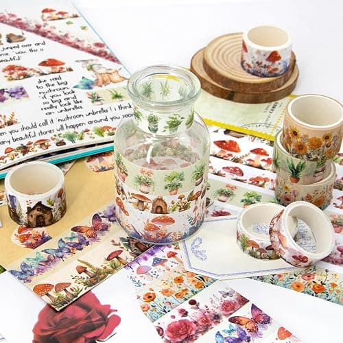 KOVANO Washi Tape Set 13 Rolls - Mushroom Butterfly Floral Decorative Tape, Colored Masking Tape for Scrapbooking Supplies, Bullet Journal Supplies, Junk Journal, DIY Crafts Art thumbnail 5