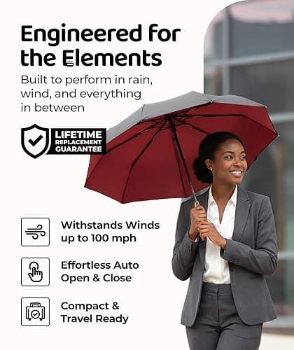 Windproof Travel Umbrella - Compact & Withstands Winds up to 100MPH, Strongest Premium Auto Folding Umbrella for Rain and Sun - Durable, Light & Portable for Women & Men, Fits Backpack & Cars thumbnail 2