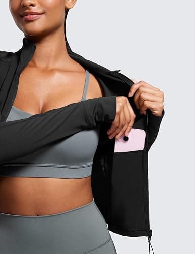 CRZ YOGA Butterluxe Womens Cropped Slim Fit Workout Jacket Weightless Track Athletic Full Zip Up Tops with Thumb Holes thumbnail 4