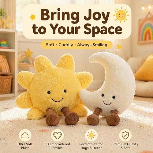 Malvjun Sun and Moon Plush Toy | 12'' Soft Smiling Stuffed Plushie Toys, Cute Decorative Throw Pillows for Kids Bedroom, Children's Birthday Holiday Gift Set thumbnail 4