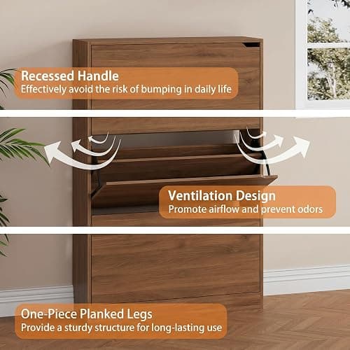 Shoe Storage Cabinet, Wood Shoe Organizer for Entryway with 3 Flip Drawers, Freestanding Shoe Rack with Adjustable Shelf, Narrow Shoe Dresser for Front Door Entrance (Walnut, Standard 3 Drawers) thumbnail 7