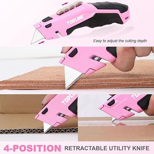 TOPLINE Retractable Pink Utility Knife, Retractable Pink Box Cutter, Blade Storage Design, 18-Piece SK5 Blades and a Dispenser Included thumbnail 4