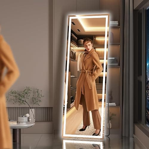HASIPU Full Length Mirror with Lights, 56" x 18" LED Lighted Floor Standing Mirror, Full Body Dressing Hanging Mounted Mirror, Dimmable, Tempered Glass, Safe to Use, Square Black thumbnail 5
