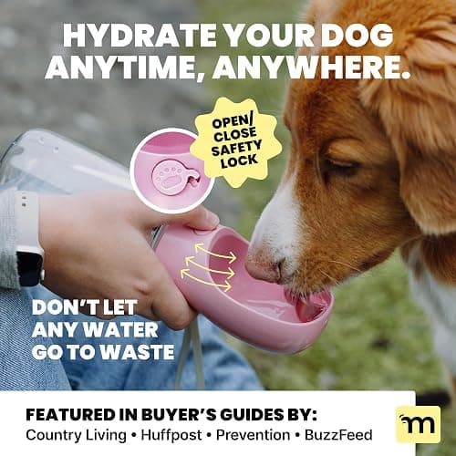 MalsiPree On the Go Dog Water Bottle - 12 oz Pink, Leak-Proof | 12oz leak-proof bottle & built-in bowl - one-hand use - Use for dog travel, hiking, park & beach days thumbnail 2