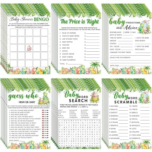 Jetec 302 Pcs Cute Dinosaur Theme Baby Shower Games, 6 Games, 50 Sheets Each, Baby Shower Bingo, Baby Word Scramble, Baby Word Search, Baby Predictions and Advice, The Price is Right, Guess Who - Dinosaur - Image 1