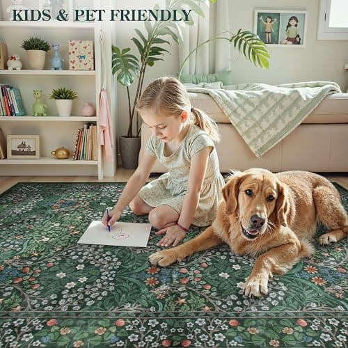 Lahome Floral Dark Green Area Rugs 5x7, Soft Washable Rugs for Living Room Bedroom, Boho Non Slip Low Pile Forest Giverny Carpet for Farmhouse Dining Room Office, Dark Green thumbnail 5