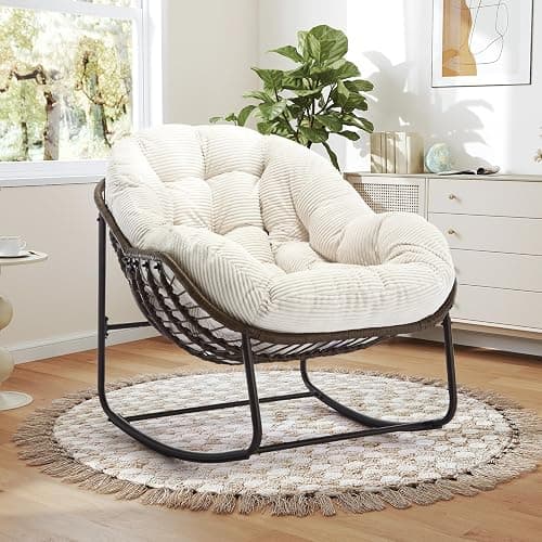 Large Indoor Rocking Chair, Oversized Rocking Papasan Chair with Thick Cushion and Frame,Comfy Corduroy Rocker Wicker Egg Chairs Lounge Reading Chair for Living Room, Bedroom, Apartment, White thumbnail 3