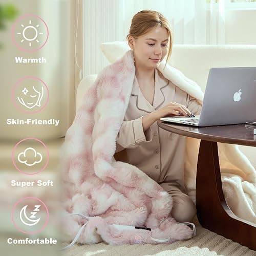 AEPINBH Electric Blanket, Soft Faux Rabbit Fur Bubble Heated Blanket with Dual Control 6 Heating Levels & 4 Hours Auto-Off, Machine Washable, Fast Heating (Pink White, 50"X60") thumbnail 3