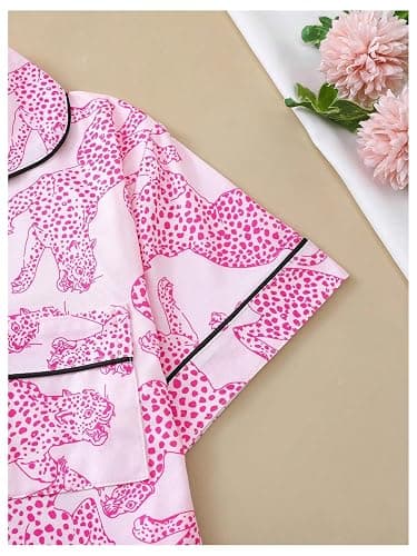 WDIRARA Women's Two Piece Animal Print Short Sleeve Button Shirt and Elastic Waist Shorts Pajama Set thumbnail 4