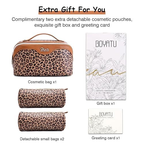 BOYATU Travel Makeup Bag for Women: 3 Pcs Set Portable Make up Bags with Handle - Leopard Print Cosmetic Bags with Comparments - Waterproof Vegan Leather Toiletry Bag (01-A-Brown) thumbnail 6