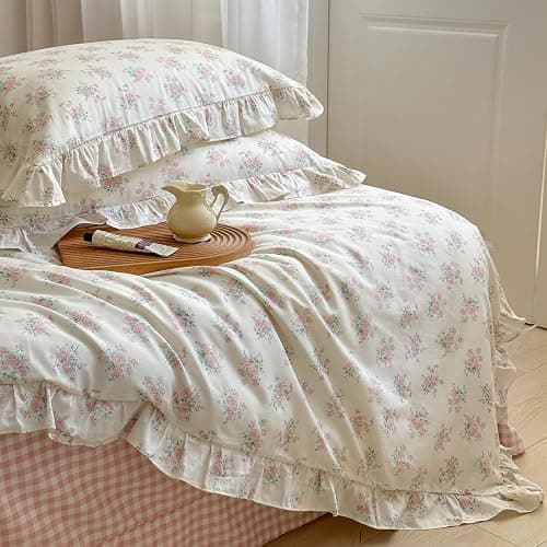 MKXI Queen Size Pink Floral Comforter Set - 3 Piece Ruffled Lace Bedding Set 1 Queen Comforter with 2 Pillowcases All Seasons, Soft Aesthetic Princess Style Floral Comforter for Girls, Women thumbnail 7