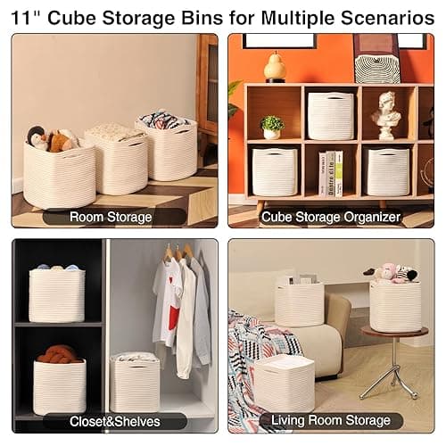 Dcerzxzci 11 Inch Cube Storage Bins, 11x11 Cube Storage Bins for Cube Organizer, Square Cloth Storage Cubes, Woven Storage Baskets for Shelves, Toy Rope Baskets Storage Kids, Off White (Pack of 3) - Off White - 11"×11"×11" thumbnail 5