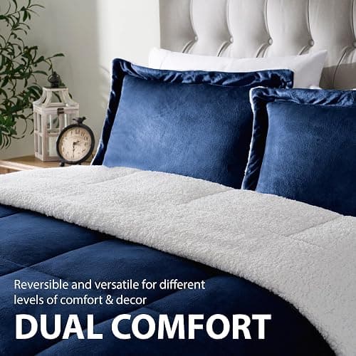 Cathay Home Twin Comforter Set: Ultra Soft and Plush Reversible Micromink and Sherpa 2-Piece Bedding Set, Navy, Twin (66" x 86") thumbnail 2