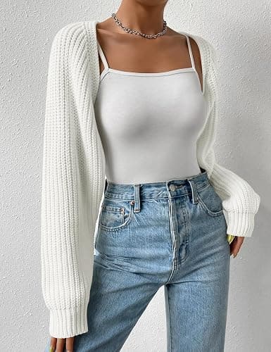 SECRETEYARD Women's Long Sleeve Open Front Knitted Crop Cardigan Drop Shoulder Knit Bolero Shrug Sweater thumbnail 3