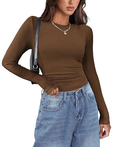 Zeagoo Womens Long Sleeve Stretch Crewneck Ribbed T-Shirt Slim Fit Casual Basic Tops S-XXL thumbnail 2