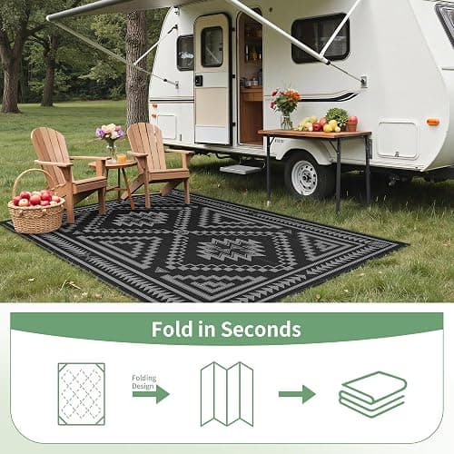 GENIMO Outdoor Rug for Patio Clearance - 6x9 ft Waterproof Plastic Camping Rugs, Reversible Outside Rv Mat Carpet for Porch, Deck, Picnic, Balcony, Beach, Backyard, Black Grey thumbnail 7