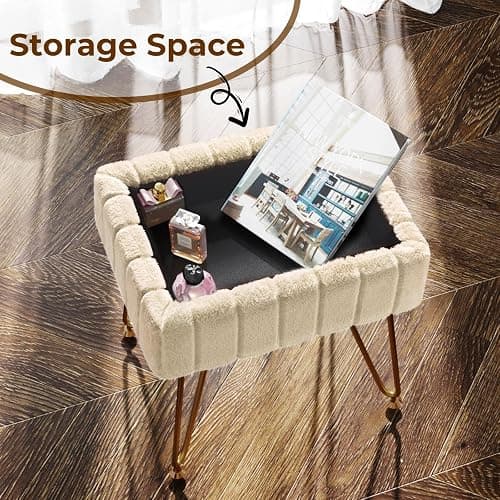Greenstell Vanity Stool Chair Faux Fur with Storage, 19.4" H x 15.7" L x 11.8" W Soft Ottoman 4 Metal Legs with Anti-Slip Feet, Furry Padded Seat, Modern Multifunctional Chairs for Makeup, Bedroom thumbnail 6
