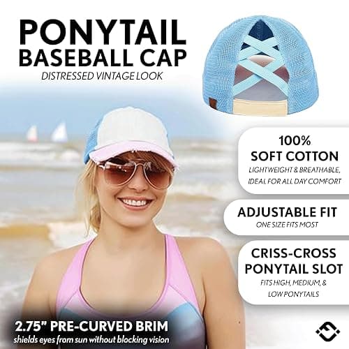 Funky Junque Ponytail Hat for Women - Baseball Cap with Adjustable Fit & High Pony Tail Criss Cross Back for Everyday Wear thumbnail 2
