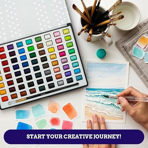 Mikkelhus Professional Watercolor Paint Set – 72 Colors, 20 Blank Postcards, Water Brush, Paintbrush & Sponge – For Kids and Adults thumbnail 6