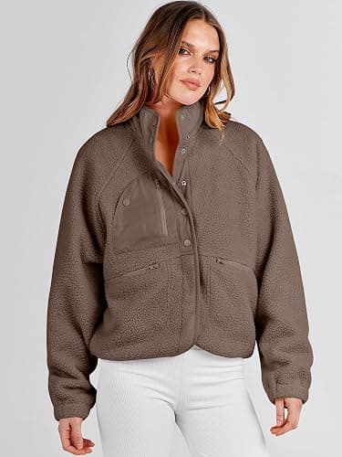 ANRABESS Womens Fuzzy Fleece Jacket Fall Casual Long Sleeve Cropped Sherpa Button Down Shacket Coats Outwear With Pockets thumbnail 3