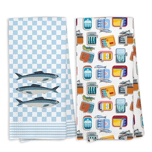 KTYHD Fishing Sardine Kitchen Towels - Sardines Tinned Fish Decor, Coastal Beach Fish Kitchen Bathroom Towels Decorative Set of 2 - Fishing Sardines Themed Gifts - Image 1