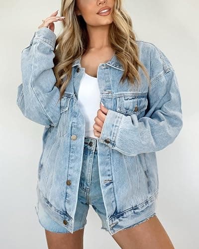 Kedera Women's Oversized Jean Jacket Long Blue Denim Jacket Long Sleeve Button Down Trucker Jacket Shacket Fall Coats thumbnail 2
