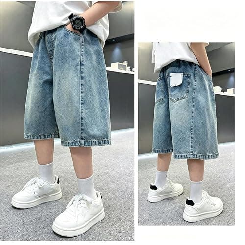 Boy's Denim Shorts Baggy Casual Jorts Elastic High Waist Wide Leg Jean Shorts Y2K Loose Fit Basic Bermuda Knee Length Jeans thumbnail 4