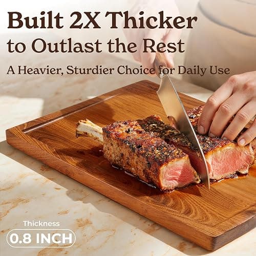 SMIRLY Wood Cutting Boards for Kitchen Wooden Chopping Board Set Reversible with Deep Juice Grooves Grip Handles, Large Charcuterie Tray, Ideal for Chopping Meat Vegetables Teak Wood, 3Pcs with Holder thumbnail 3
