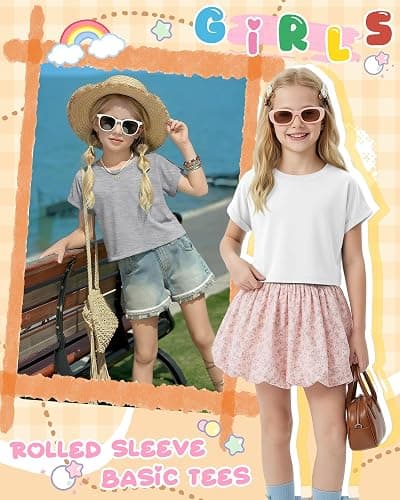 Mumucove 4 Pack Girls Crop Tops Kids Short Rolled Sleeve Shirts Loose Crew Neck Casual T-Shirts Cute Basic Summer Tees thumbnail 4
