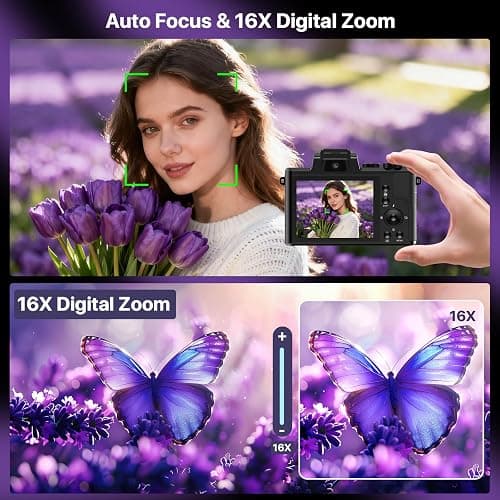 8K Digital Cameras for Photography with WiFi,Autofocus 88MP Vlogging Camera for YouTube with Dual-Lens,16X Digital Zoom Point and Shoot Camera,3.2''Touch Screen, Anti-Shake,2 Batteries &Charging Stand thumbnail 5