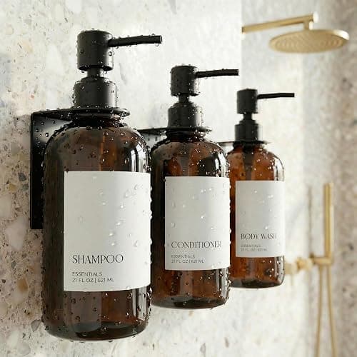 Stylish Shampoo & Conditioner Dispenser Set of 3 - Wall Mount, Drill Free | Modern 21oz Shower Soap Bottles with Labels - Easy Refill Body Wash Dispensers for an Instant Bathroom Decor Upgrade - Image 1