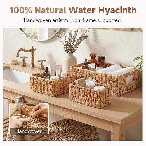 StorageWorks Pantry Baskets for Shelves 3 Pack, Rectangular Wicker Basket with Handles, Natural Water Hyacinth Woven Baskets for Living Room, Toilet, Shelf Storage Basket for Home Decor thumbnail 5