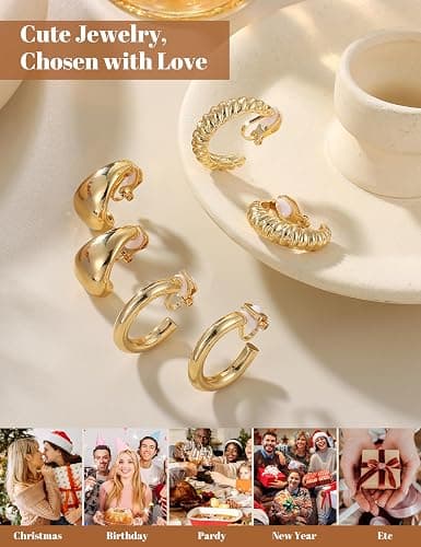 BESTEEL 3Pairs Clip on Earrings for Women Trendy Hypoallergenic 14K Gold Plated Chunky Tube Croissant Waterdrop Clip-on Hoop Earrings Set Fake Jewelry Non Pierced Ears thumbnail 5