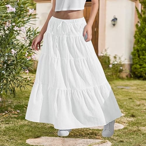 Girls Maxi Skirt Boho Casual Tiered High Waist A Line Flowy Long Skirt Kids Summer Swing Ankle Length Drawstring Skirts thumbnail 2
