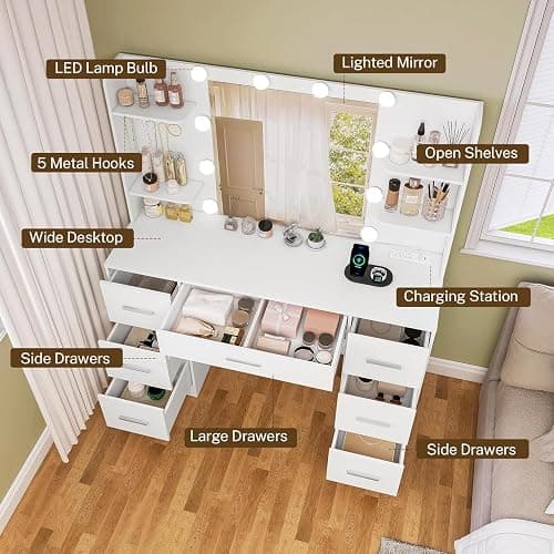 FIONESO Large Makeup Vanity, 42.1" Vanity Desk with Mirror and Lights, Makeup Vanity Table with 7 Drawers, 4 Shelves, 5 Jewel Hooks & Power Strip, Vanity Desk Set for Bedroom, White - White thumbnail 3