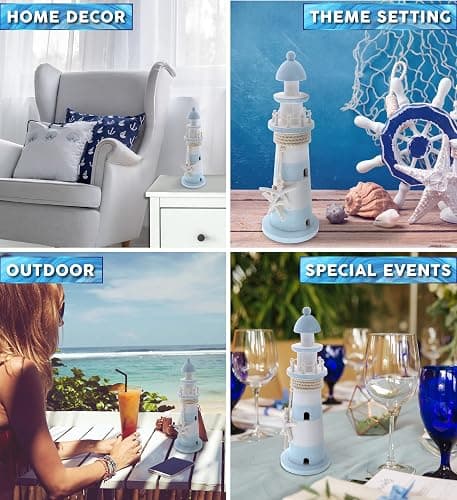 CoTa Global Blue Lagoon Lighthouse Decor - Handmade and Crafted Wooden Lighthouse Decoration with White Starfish, Decorative Beach Style Tabletop Centerpiece - 12 Inches thumbnail 4