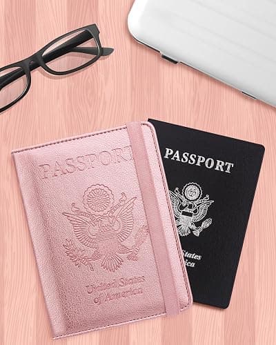 WALNEW Passport Holder for Travel, RFID Passport Cover Wallet for Women Men, PU Leather Passport Book Card Holder Case with Pen (Elastic Band Closure, A-Rosegold) thumbnail 7