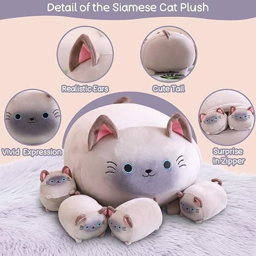 SQEQE Siamese Cat Plush, Cute Siamese Cat Stuffed Animals Mommy with 4 Squishy Kitties in Her Tummy, Soft Plushies Pillow Gifts for Kids thumbnail 4