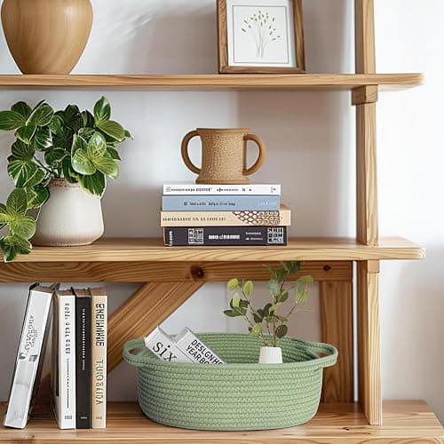 WILLITAT Basket for Gifts Empty, 13"x 9"x 5" Small Green Woven Rope Bin, Gift Basket Empty, Kids Dog Cat Toy Bin Box, Cute Baby Nursery Organizer, Decorative Storage with Handles, Green Room Decor thumbnail 5