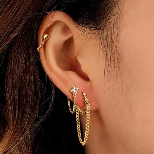 YADOCA 4 Pairs 14K Gold Chain Stud Earrings for Women Hypoallergenic | Stainless Steel CZ Ball Bar Huggie Hoop Earrings Stacks With Dangle Chain Cartilage Helix Earring Sets for Multiple Piercing thumbnail 2