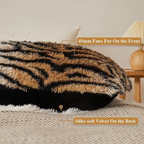 XeGe 20x54 Fluffy Body Pillow Cover, Tiger Print Plush Fuzzy Faux Fur Body Pillowcase with Zipper, Rectangular Shaggy Furry Long Pillow Cover for Pregnant Women Side Sleeper, Tiger Print Brown thumbnail 4