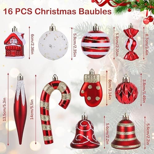 Huiguli Weihnachtskugeln Set, 16 Stück Plastik Christbaumschmuck, Mehrweg, Rote Weihnachtskugel Ornamente, Christbaumkugeln Bruchsicher für Weihnachtsbaum, Süßigkeit, Glöckchen, Handschuh thumbnail 2