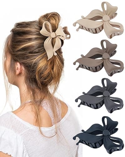 4 PCS Bow Hair Clips Bow Claw Clip for Women, Large Hair Claw Clips for Thin Thick Long Hair Cute Nonslip Bows (Black+Grey+Dark Brown+Light Brown) - Image 1