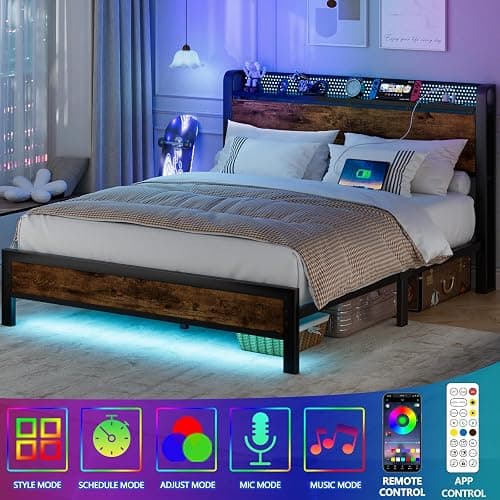 Furnulem Full Bed Frame with LED Lights,Industrial Storage Headboard with Charging Station,USB Port,Under Bed Storage,Wood Platform with Strong Metal Support,No Box Spring Needed, Silent thumbnail 4