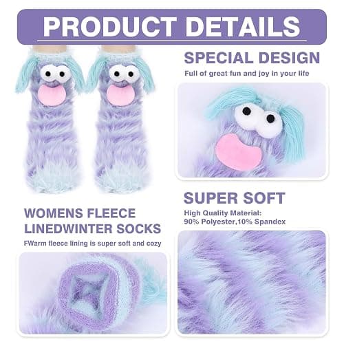 Kephay Coral Velvet Cartoon Monster Funny Socks for Women & Girls, 3D Crazy Novelty Face Winter Warm Thick Socks thumbnail 4