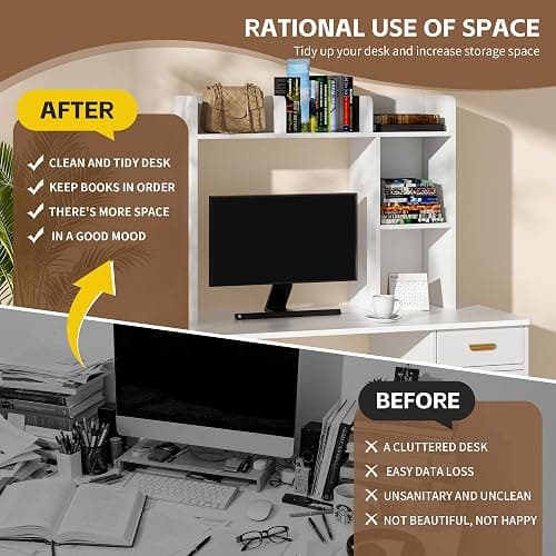 BEHOO Desktop Bookshelf for Computer Desk, 5 Shelves Desk Hutch Shelf for College Dorm, 3-Tiers Countertop Storage Hutch, Wooden Desktop Hutch Organizer thumbnail 7