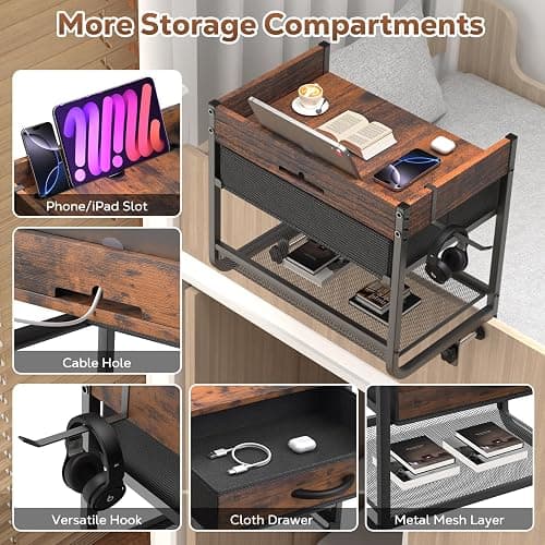 Housolution 2 Tier Bedside Shelf for Top Bunk & Loft Beds, Bunk Bed Shelf with Fabric Drawer, Tablet Slot,Clip on Nightstand for College Dorm Rooms, Small Apartments, Bedrooms with Limited Space thumbnail 5